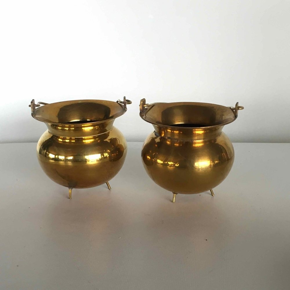 2 x Vintage Small Сopper Сauldrons on Brass Legs with Handle
